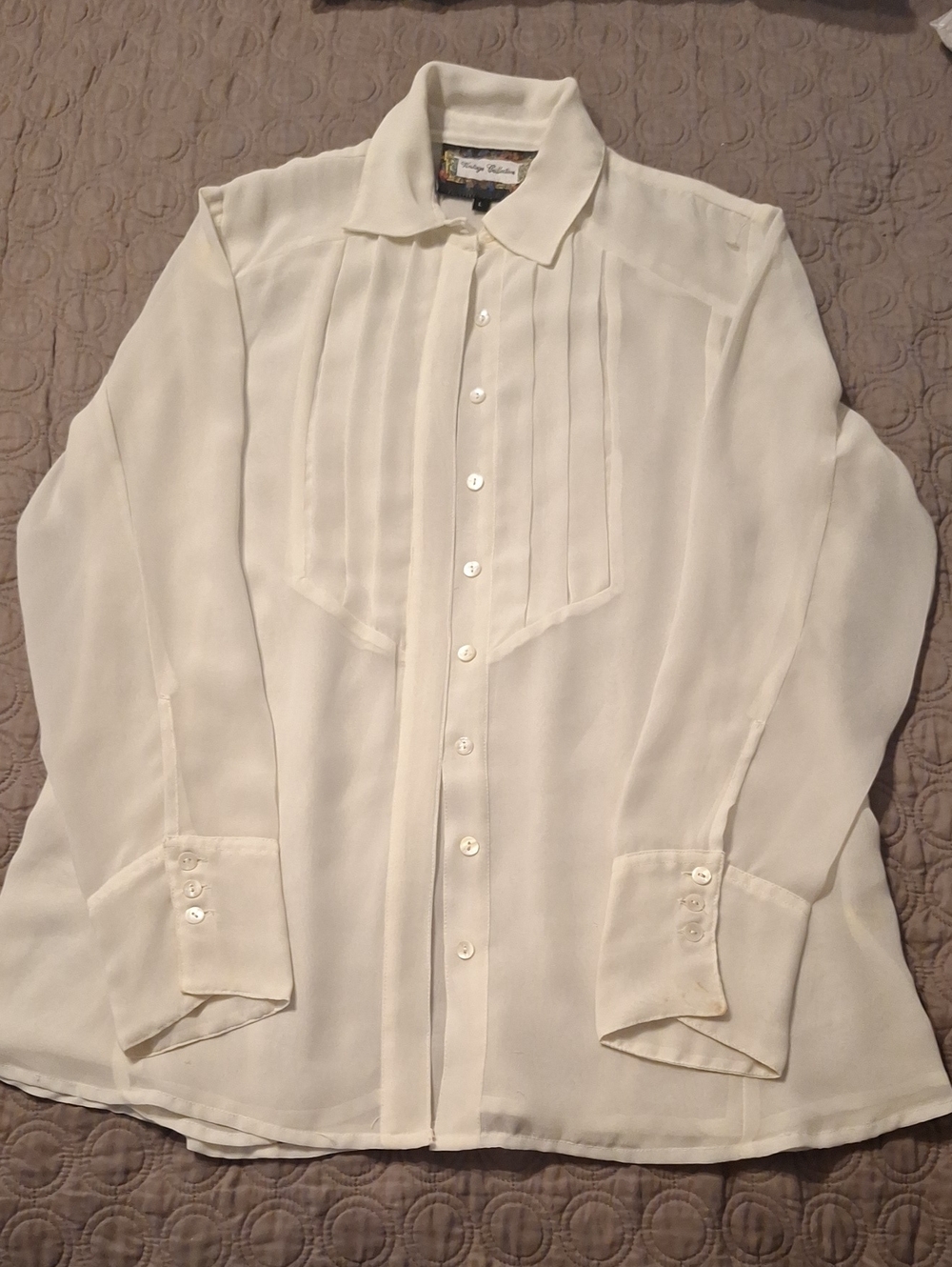 Classic Cream Sheer Tuxedo Stylw Button-Front Blouse